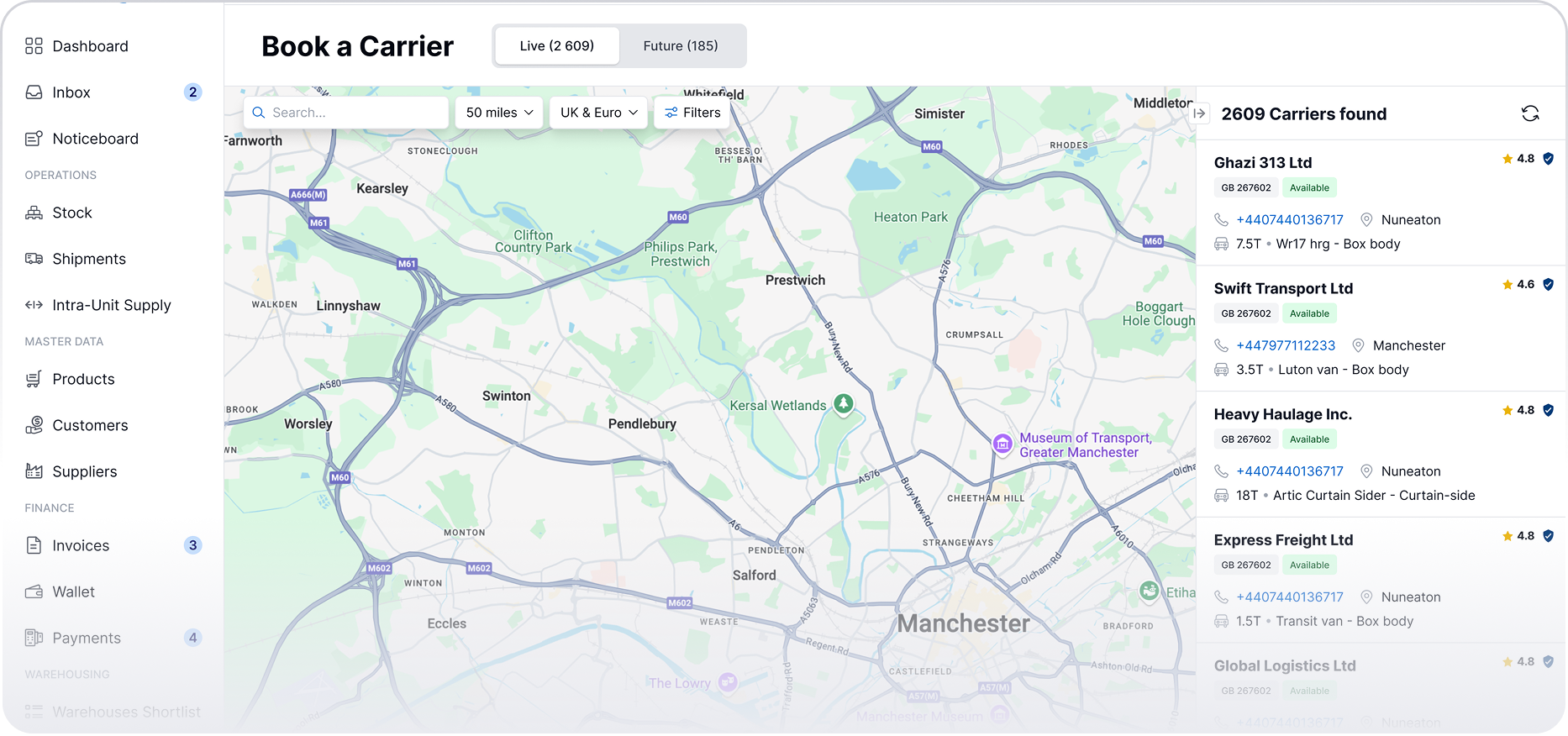 FLOX platform dashboard showing carrier booking for alcohol logistics