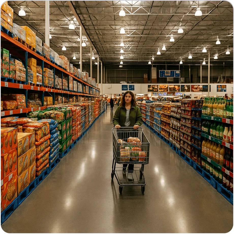Food and drink wholesale warehouse aisle with products