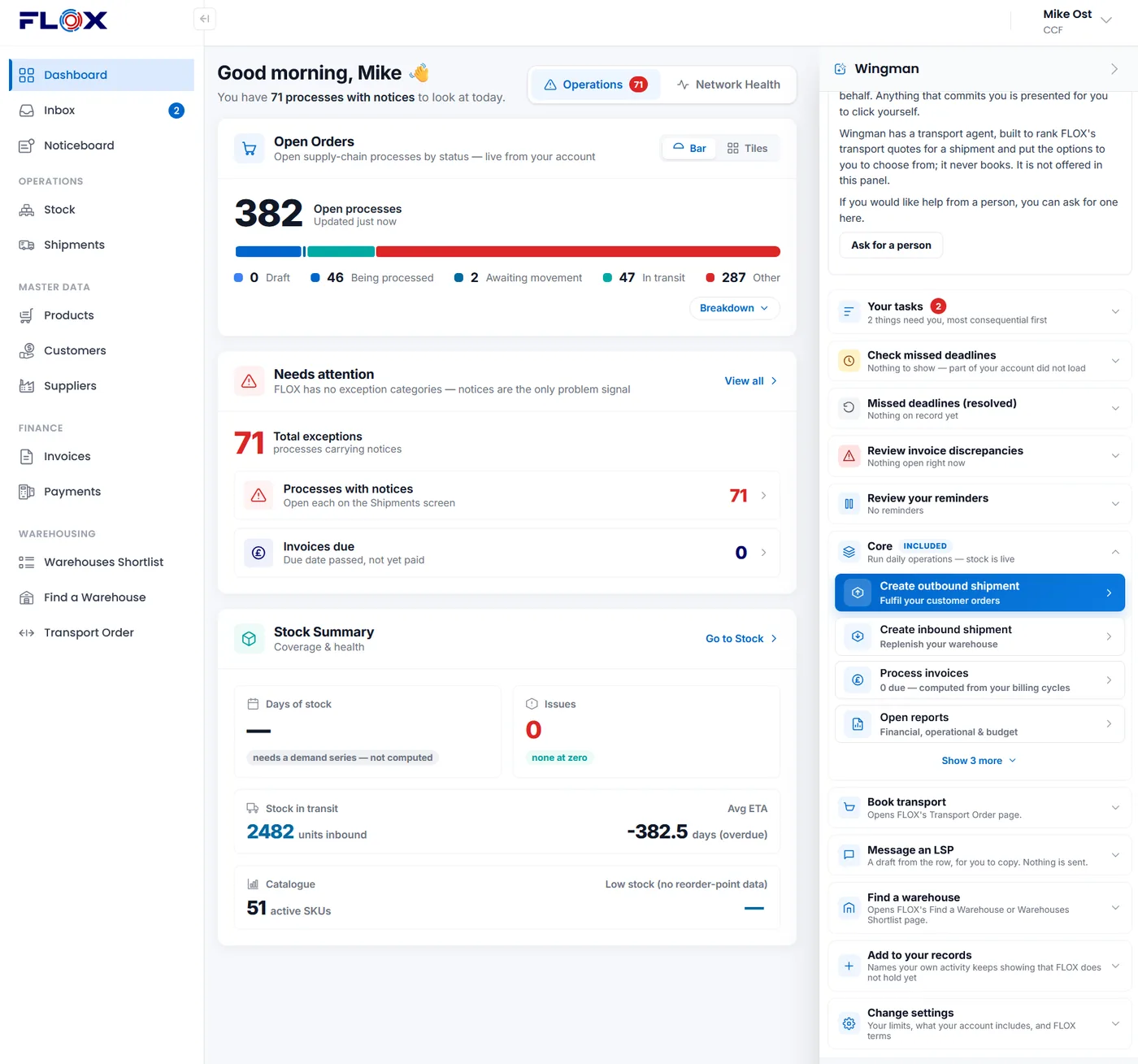 FLOX dashboard with the Wingman panel open: open orders, items needing attention and proposed next steps